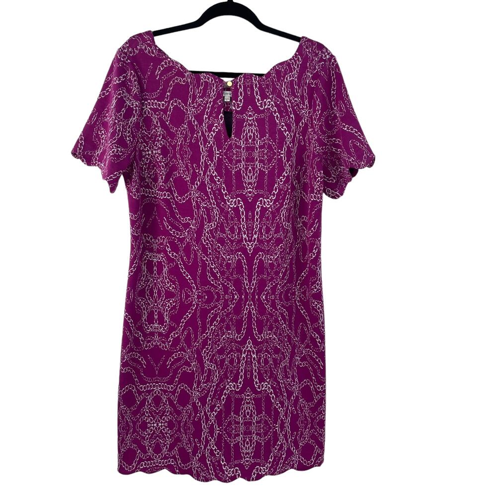 Tyler Boe Chain Print Purple Knit Scallop Trim Anna Shift Dress Womens Large - Picture 2 of 8